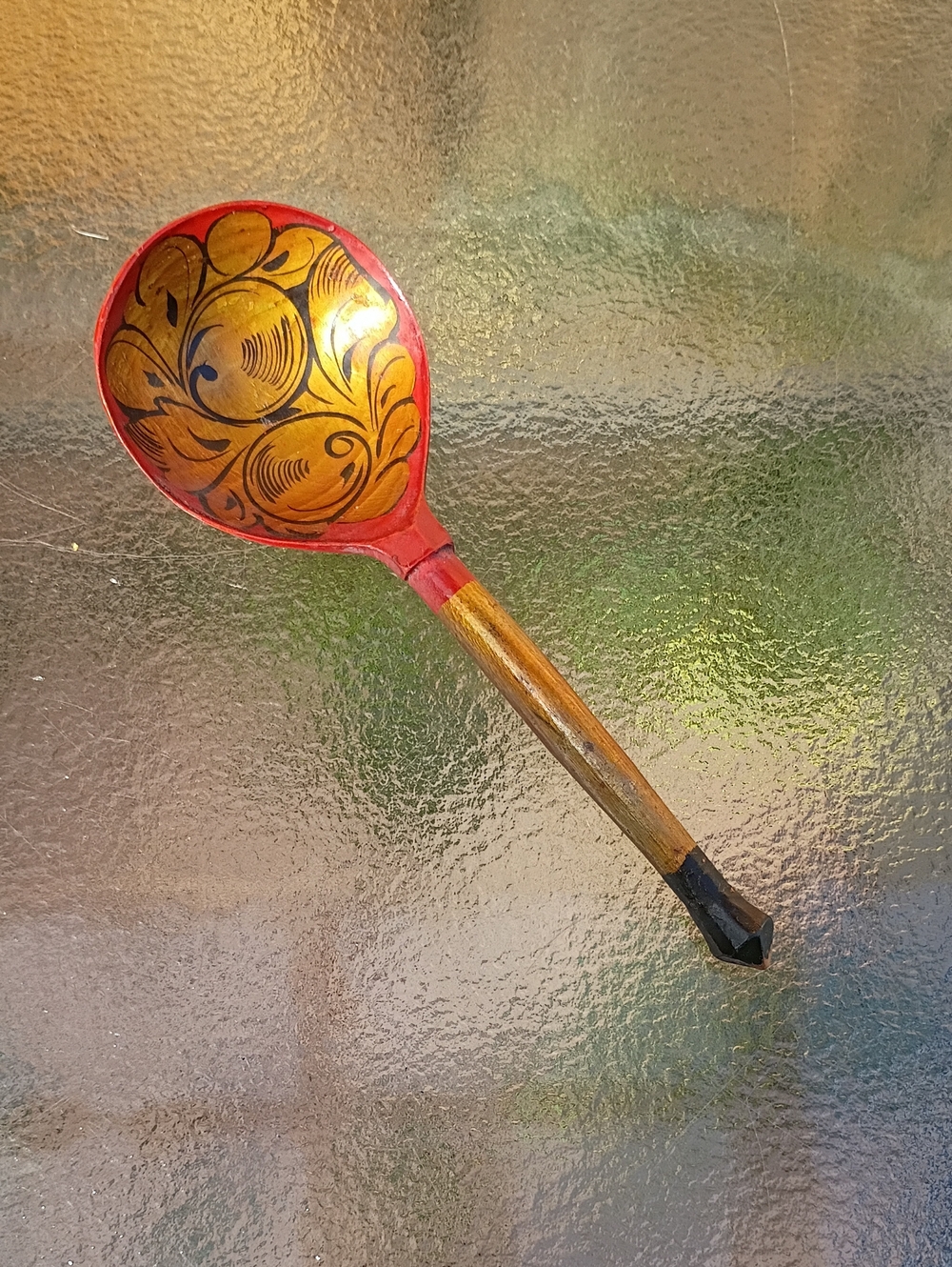 Hand-Painted Red and Gold Decorative Wooden Spoon